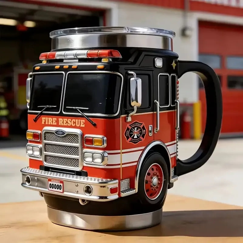 Fire Truck Coffee Cup: Three-dimensional red and black design, double-layer stainless steel for long-lasting temperature retention. Every sip brings a rescue-style ceremony.