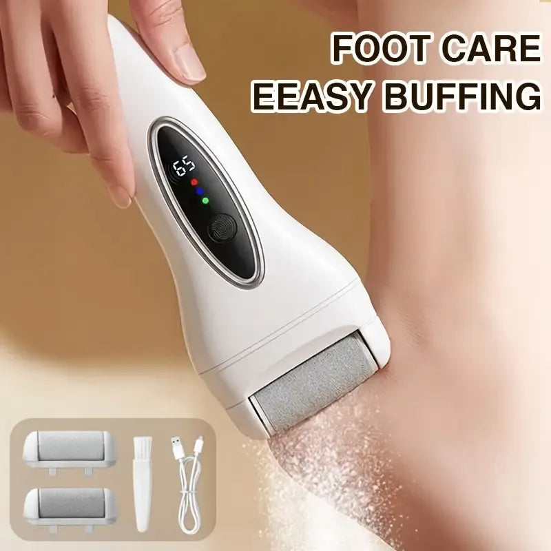 Smart Electric Foot File, 3-speed adjustable, grinds dead skin only, quartz roller, LED display, Type-C fast charge, auto spin-dry, soft smooth feet, plus 2 extra rollers./WHITE