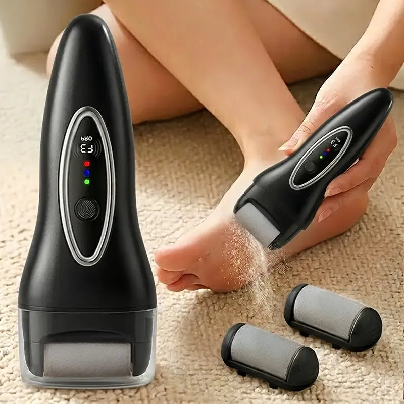 Smart Electric Foot File, 3-speed adjustable, grinds dead skin only, quartz roller, LED display, Type-C fast charge, auto spin-dry, soft smooth feet, plus 2 extra rollers./BLACK