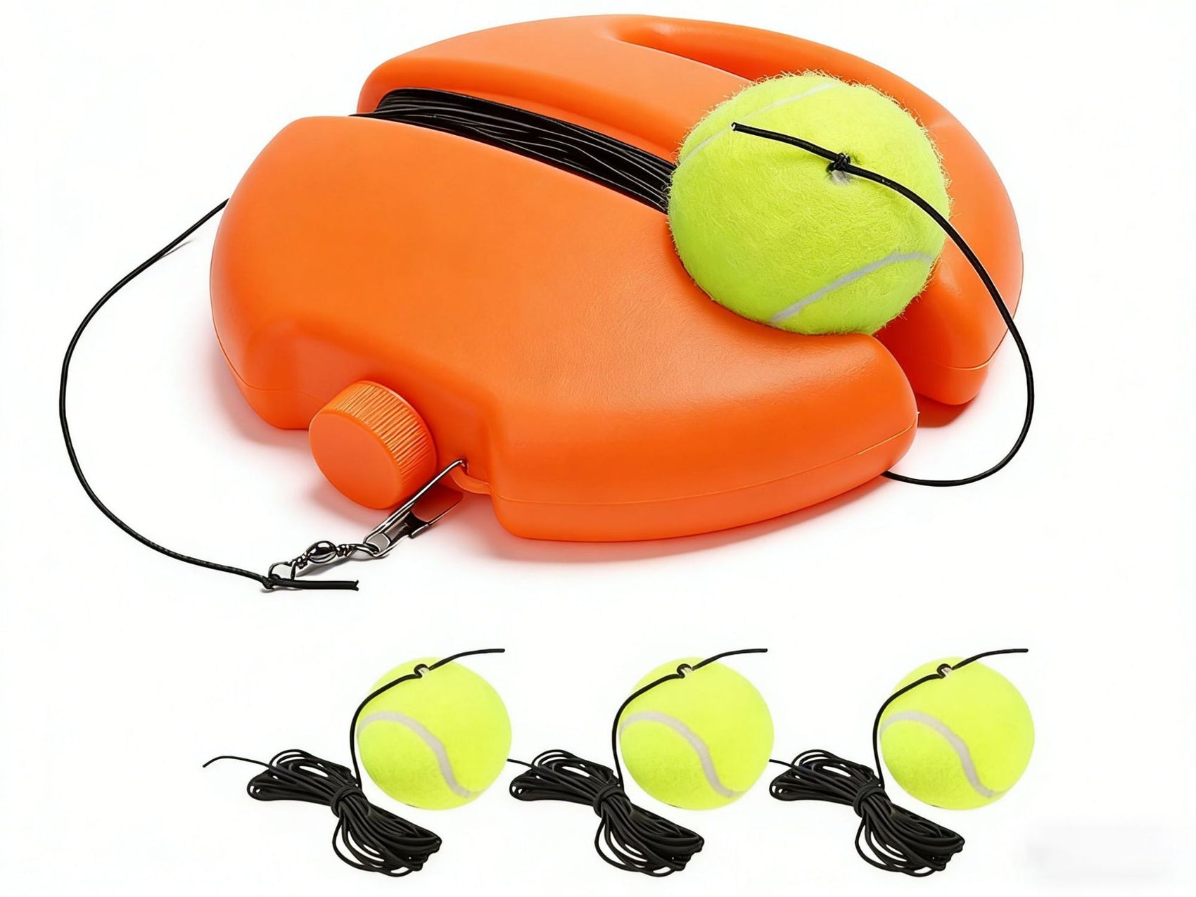 Portable Tennis Trainer: Features a water-fillable weighted base with anti-tangle design. Includes 3 tennis balls and an elastic cord. Suitable for solo indoor/outdoor use, ideal for all ages.orange