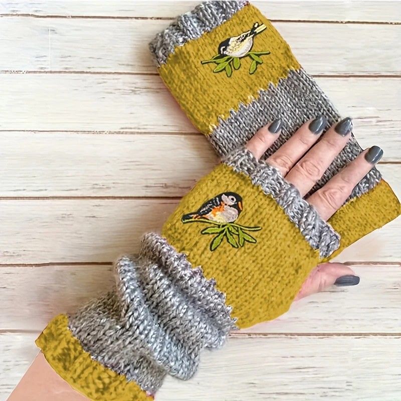 Color-Block Bird Embroidered Fingerless Knit Gloves – Warm, Flexible, Perfect for Daily Autumn/Winter Use, 8.5×22cm Stylish Practical Commute Hand-Warming Essential(red)