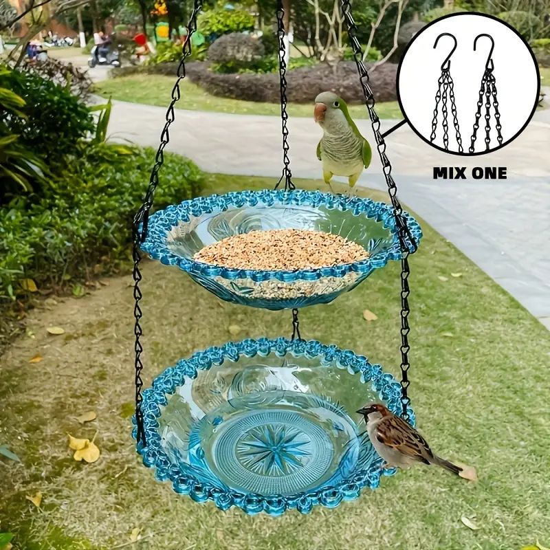 Chain-hung Double-layer Bird Feeder, transparent bowls for easy observation, thickened iron chain for stable load-bearing, adding natural vitality and bird-watching fun to your courtyard.（blue)