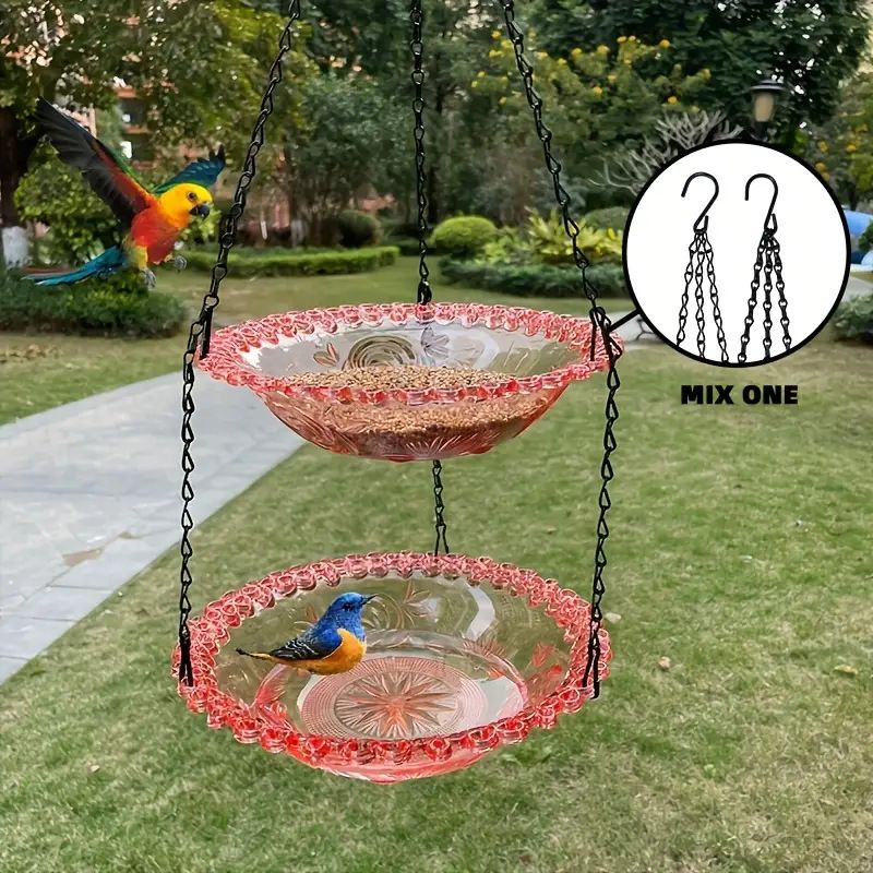 Chain-hung Double-layer Bird Feeder, transparent bowls for easy observation, thickened iron chain for stable load-bearing, adding natural vitality and bird-watching fun to your courtyard.(PINK)