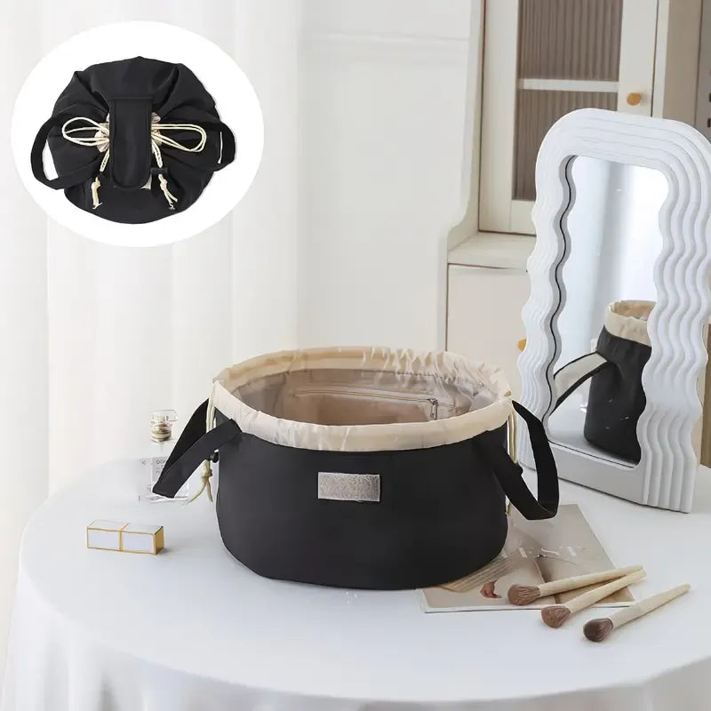 INS Style Lazy Makeup Bag: Large Capacity, Structured Shape, Drawstring Design for Easy Access, Multiple Colors Available, a Must-Have Beauty Storage Essential for Home and Travel!/BLACK