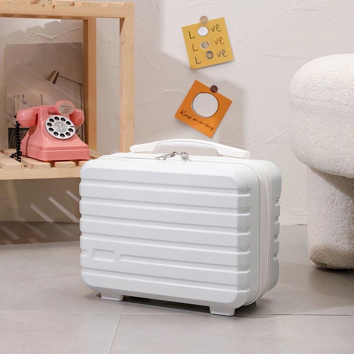 14 Inch Mini Makeup Case, Lightweight Cosmetic Travel Bag with Shoulder Strap & Zipper Closure(WHITE)