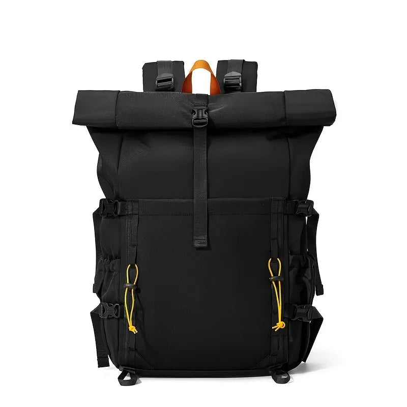 Nylon Waterproof Roll-Top Backpack, 22L-28L Expandable, Air-Cushion Strap System, Polyester Lining for Business Travel。（black)