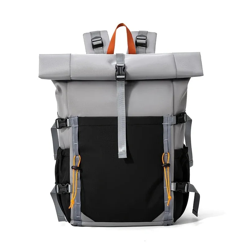 Nylon Waterproof Roll-Top Backpack, 22L-28L Expandable, Air-Cushion Strap System, Polyester Lining for Business Travel.(grey)