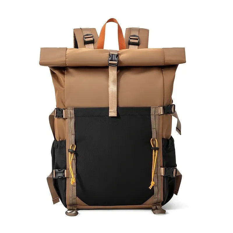 Nylon Waterproof Roll-Top Backpack, 22L-28L Expandable, Air-Cushion Strap System, Polyester Lining for Business Travel.(brown)