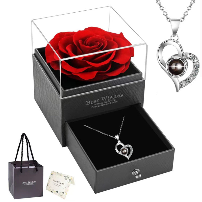Rose Heart Projection Necklace, elegant in platinum, "I love you" in 100 languages, packaged with a single rose gift box – a romantic tech-infused gift.