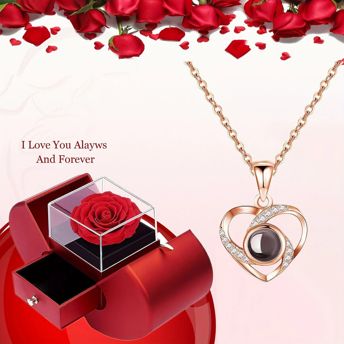  A Hundred Languages Heart-Shaped Projection Necklace Set, rose gold-plated with zirconia inlay, paired with an apple preserved rose gift box—a perfect fusion of technology and romance.