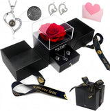 Platinum heart-shaped projection necklace, engraved with 100 ways to say "I love you," paired with matching heart-shaped earrings, presented in a rose-adorned double-door gift box—a refined gift blending technology and romance.