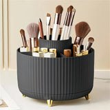 Black 360-Degree Rotating Cosmetic Organizer – 1 Plastic Makeup Storage Box with 5 Compartments – Multi-Purpose Holder for Brushes, Lipsticks, Skincare Products, and Stationery – Durable Odor-Free Desktop Storage Container with Luxurious Stripe Design