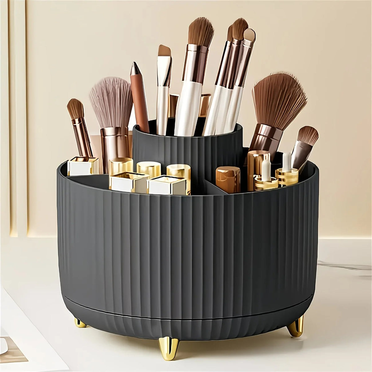 Black 360-Degree Rotating Cosmetic Organizer – 1 Plastic Makeup Storage Box with 5 Compartments – Multi-Purpose Holder for Brushes, Lipsticks, Skincare Products, and Stationery – Durable Odor-Free Desktop Storage Container with Luxurious Stripe Design