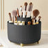 Black 360-Degree Rotating Cosmetic Organizer – 1 Plastic Makeup Storage Box with 5 Compartments – Multi-Purpose Holder for Brushes, Lipsticks, Skincare Products, and Stationery – Durable Odor-Free Desktop Storage Container with Luxurious Stripe Design