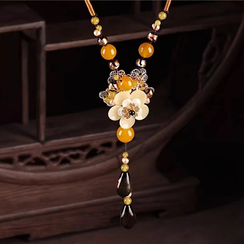 New Chinese-style Ethnic Long Necklace, Glass Flower and Faux Agate Bead Pendant, 80cm Adjustable Cord, 13cm Elegant Drop, Exuding Eastern Retro Charm.