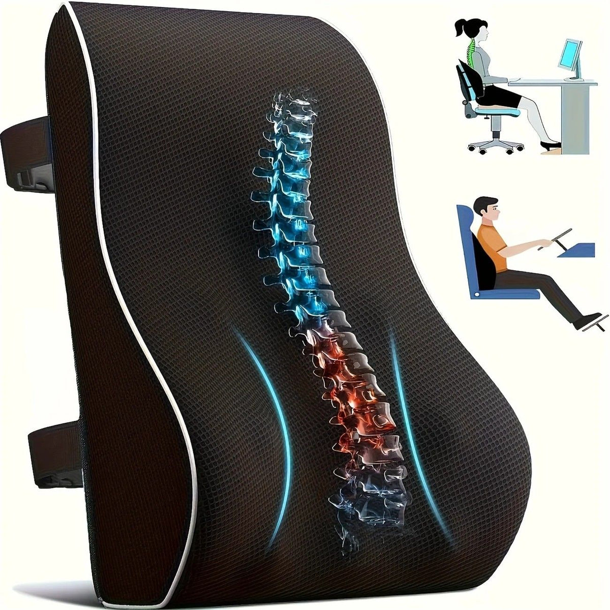 Ergonomic lumbar support pillow with adjustable straps and breathable mesh cover.