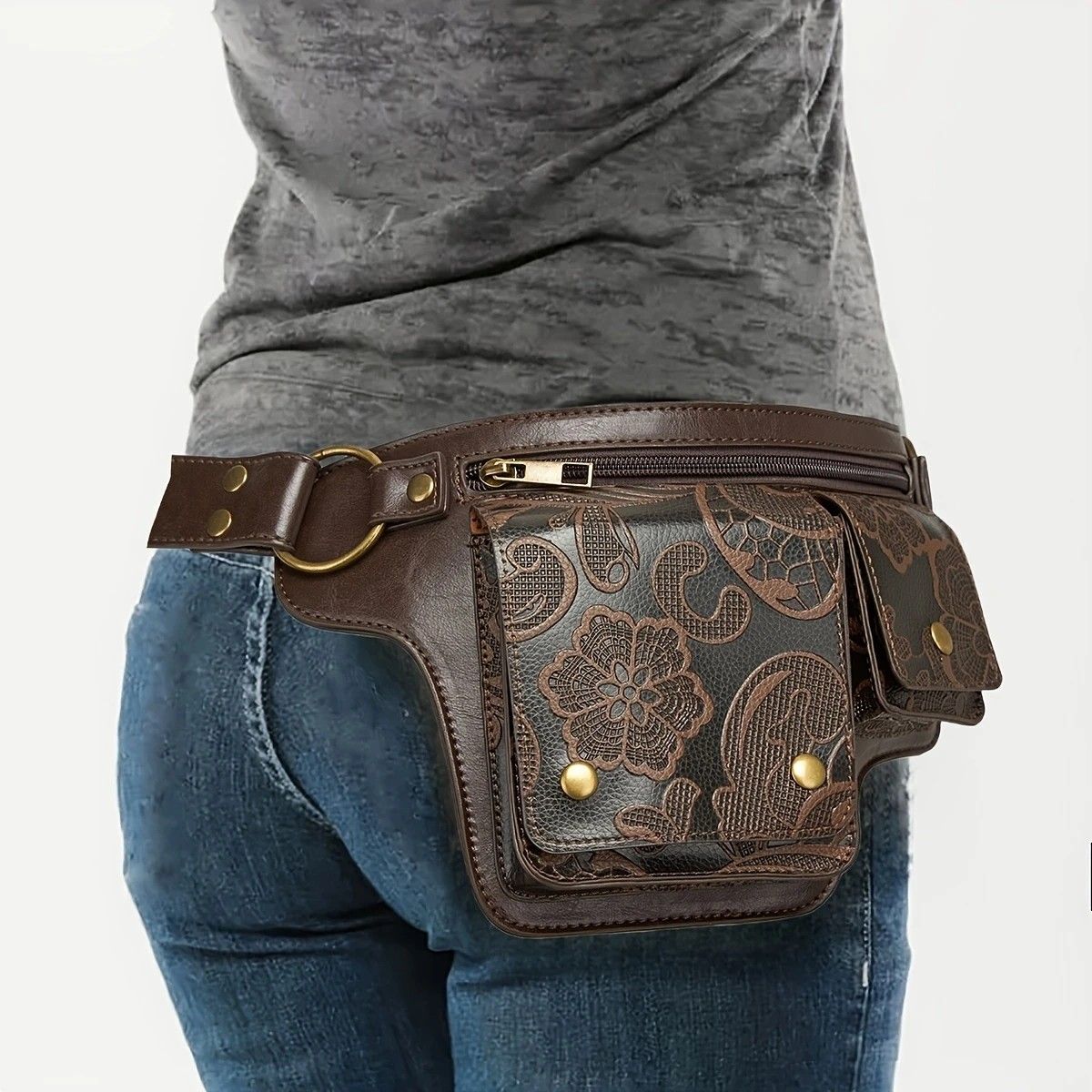 Printed Handmade Multi-functional Waist Bag: Adjustable for Chest Bag Use, Retro Print Multi-buckle Design, Practical for Stylish Pairing.brown