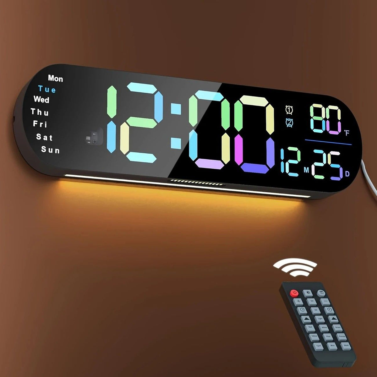 13.7" Mirror LED Digital Clock | Auto-Dim, RGB, Temp/Humidity Sensor - Smart Bedroom/Desk Clock（colorful）