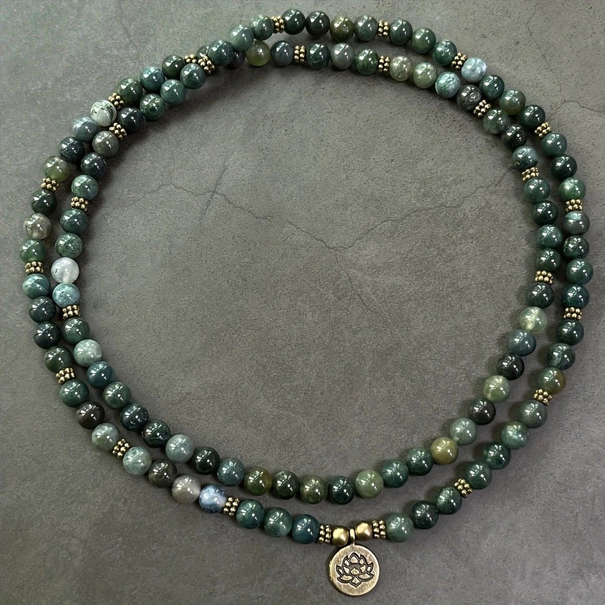 108-Piece Moss Agate Handcrafted Necklace, Natural Plant-Patterned Zen Layered Blessing Bead Strand