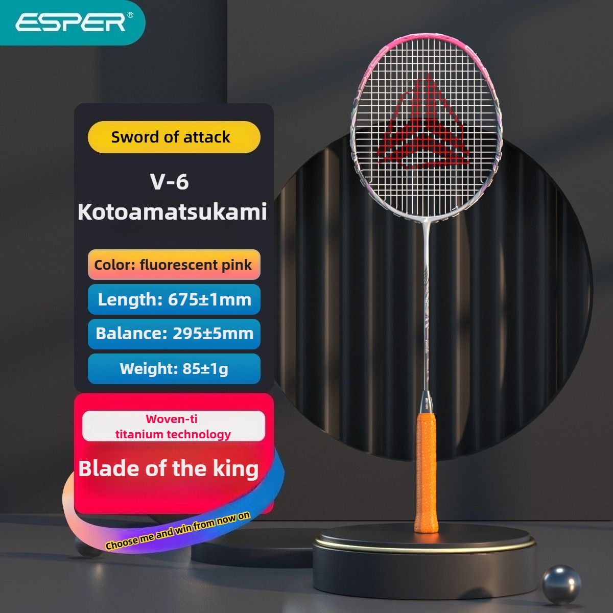 ESPER V6 Badminton Racket 46T Graphene Carbon 3U Ultra-Light 7.0mm Slim Shaft Woven-Ti Titanium Technology Offensive Type Precise Control Professional Match Train(Fluorescent Pink)