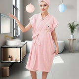 Women's Coral Fleece Pineapple Grid Two-Piece Set | Cloud-Like Touch Adjustable Bath Robe + Hair Towel, Adjustable Tie Belt, Suitable for Daily Home Use(Qingxin powder)