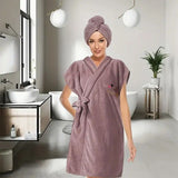 Women's Coral Fleece Pineapple Grid Two-Piece Set | Cloud-Like Touch Adjustable Bath Robe + Hair Towel, Adjustable Tie Belt, Suitable for Daily Home Use(Red bean paste purple)