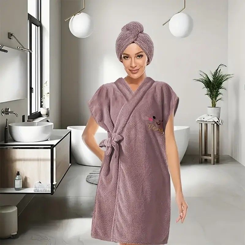 Women's Coral Fleece Pineapple Grid Two-Piece Set | Cloud-Like Touch Adjustable Bath Robe + Hair Towel, Adjustable Tie Belt, Suitable for Daily Home Use(Red bean paste purple)