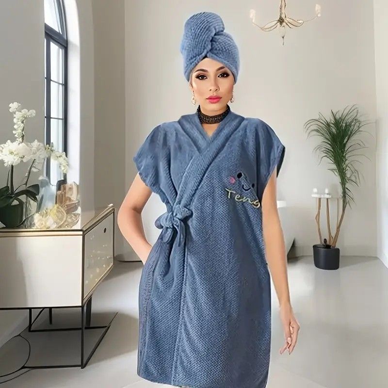 Women's Coral Fleece Pineapple Grid Two-Piece Set | Cloud-Like Touch Adjustable Bath Robe + Hair Towel, Adjustable Tie Belt, Suitable for Daily Home Use(Haze blue)