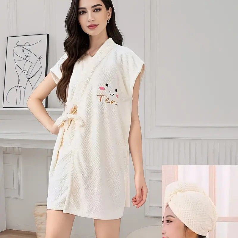 Women's Coral Fleece Pineapple Grid Two-Piece Set | Cloud-Like Touch Adjustable Bath Robe + Hair Towel, Adjustable Tie Belt, Suitable for Daily Home Use(Cream white)