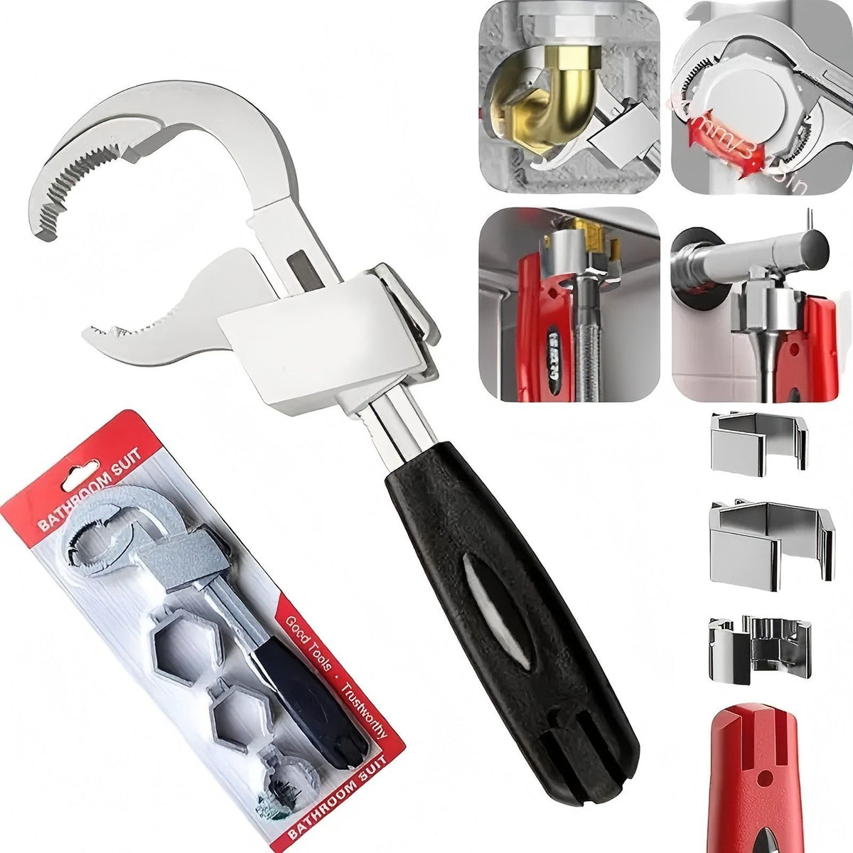Large-Open Adjustable Basin Wrench, 3-Head Interchangeable Tight-Space Plumbing Tool, Aluminum Alloy Anti-Slip Home Maintenance Tool（Black handle）