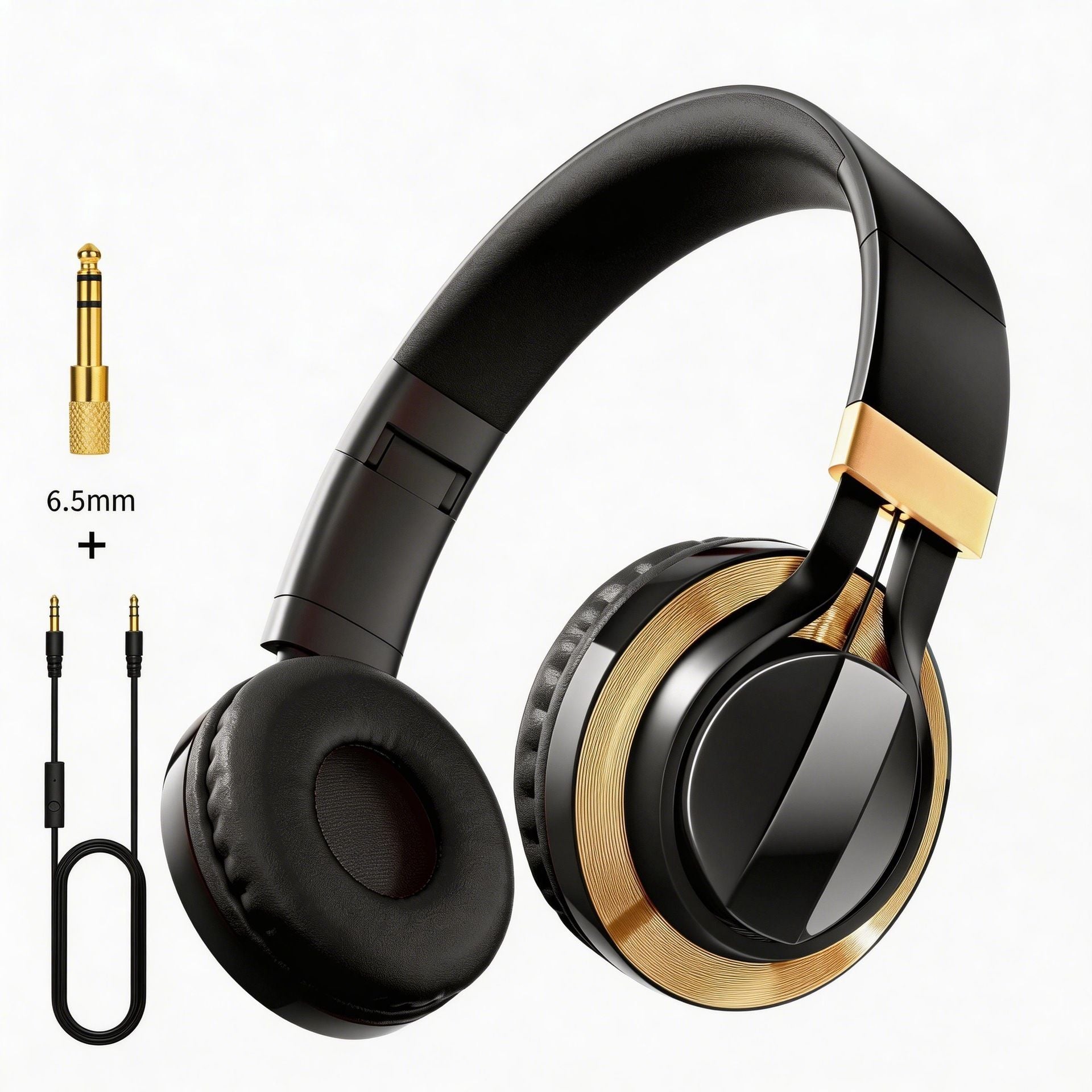 Wired Over-Ear Headset, Portable Folding Heavy Bass Headphones, Built-in Microphone, Compatible with Multiple Devices(Black gold)
