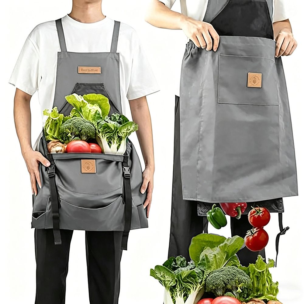 Oxford Cloth Waterproof Gardening Apron, Large Capacity Kangaroo Pocket, Cross Back Straps Comfortable, Great Helper for Picking and Weeding(grey)