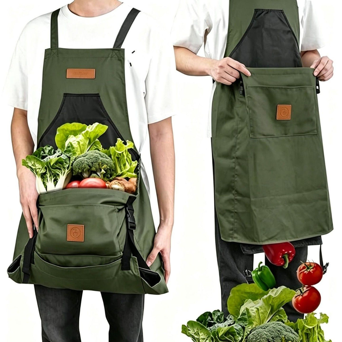 Oxford Cloth Waterproof Gardening Apron, Large Capacity Kangaroo Pocket, Cross Back Straps Comfortable, Great Helper for Picking and Weeding(pitch green)