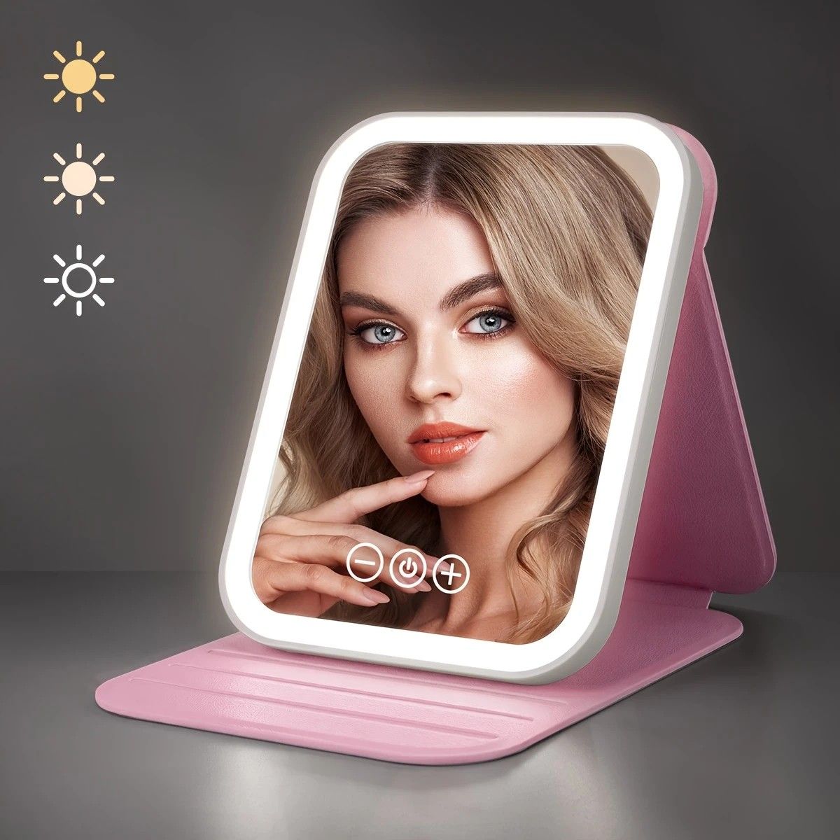 LED Makeup Mirror with Lights, 3 Color Modes Touch Control, Rechargeable Travel Vanity Mirror(pink)