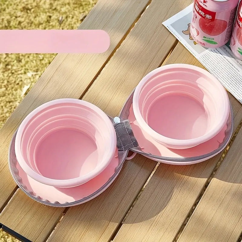 Bear Paw Foldable Pet Bowl: Heat-Resistant Silicone / Dual Bowls for Food & Water Separation / Explosion-Proof Zipper Storage Bag, Lightweight & Portable, Essential for Pet Eating & Drinking on Camping & Walks!(pink)