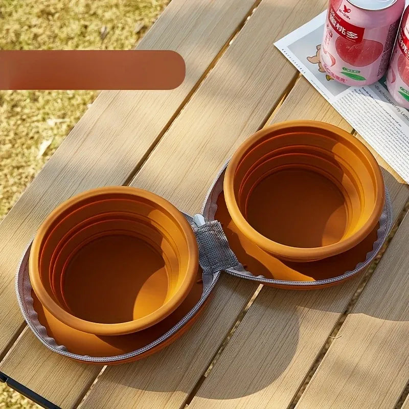 Bear Paw Foldable Pet Bowl: Heat-Resistant Silicone / Dual Bowls for Food & Water Separation / Explosion-Proof Zipper Storage Bag, Lightweight & Portable, Essential for Pet Eating & Drinking on Camping & Walks!(brown)