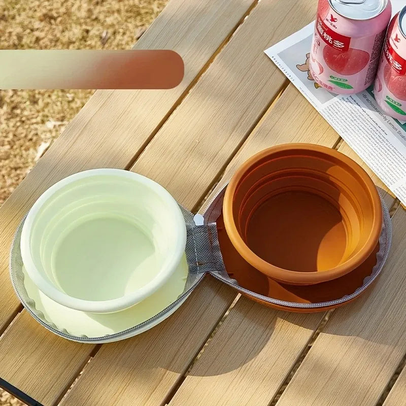 Bear Paw Foldable Pet Bowl: Heat-Resistant Silicone / Dual Bowls for Food & Water Separation / Explosion-Proof Zipper Storage Bag, Lightweight & Portable, Essential for Pet Eating & Drinking on Camping & Walks!(light yellow+brown)
