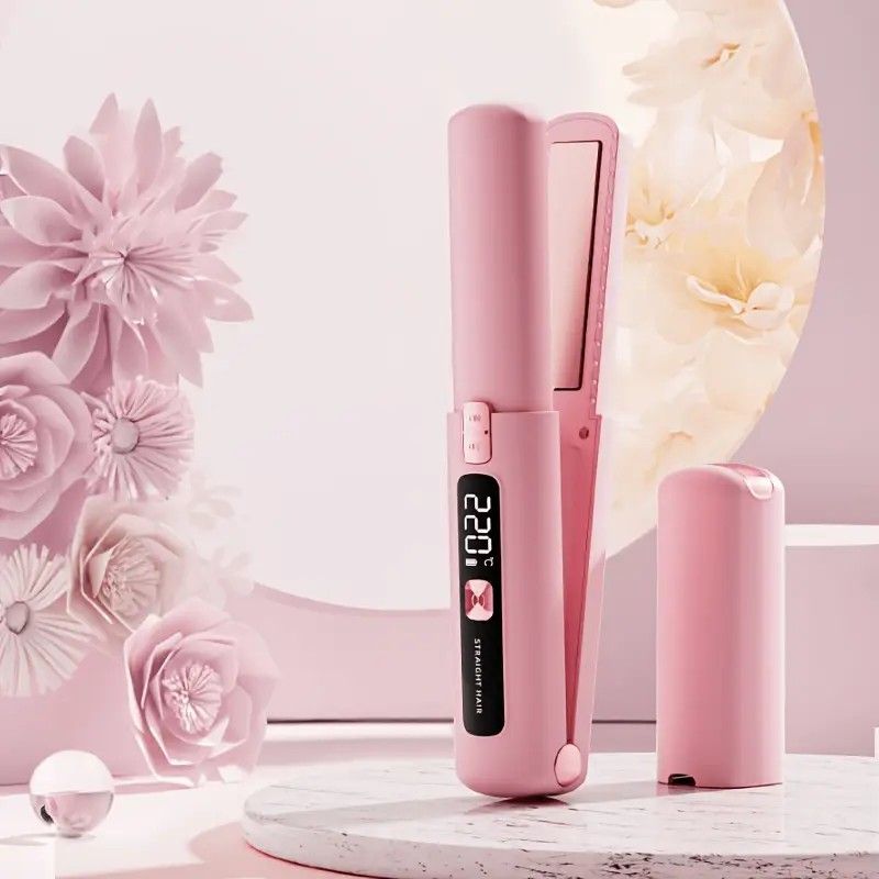 Mini Cordless Straightening Comb – Negative Ion Hair Care with Three Temperature Settings, Two-in-One Straightening and Curling with Type-C Fast Charging, Portable Styling Wonder（pink)