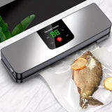 silver Rechargeable Vacuum Sealer with USB Port, designed for preserving food in both dry and wet environments, equipped with an LED screen, ideal for travel and camping.