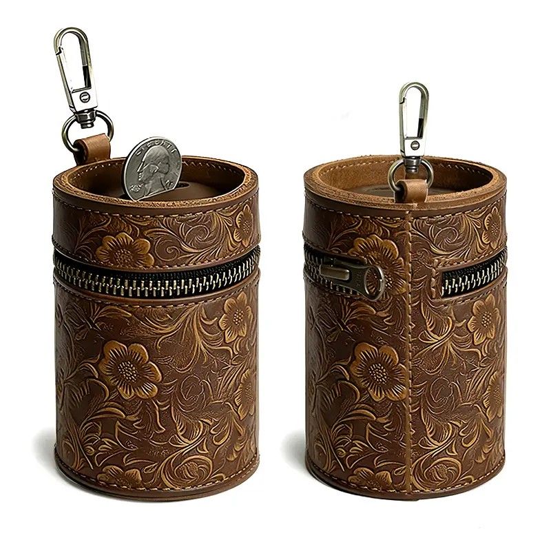Genuine Leather Carved Barrel Piggy Bank, Natural Top Grain Cowhide Vintage Relief, Zipper Closure Portable