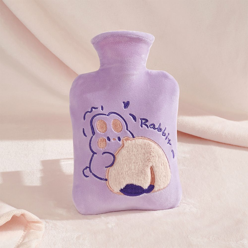 1 PC 1000ML Fillable Hot Water Bottle, removable fleece cover, no shedding. High-quality odorless PVC inner bladder, inner color random.（Purple rabbit）