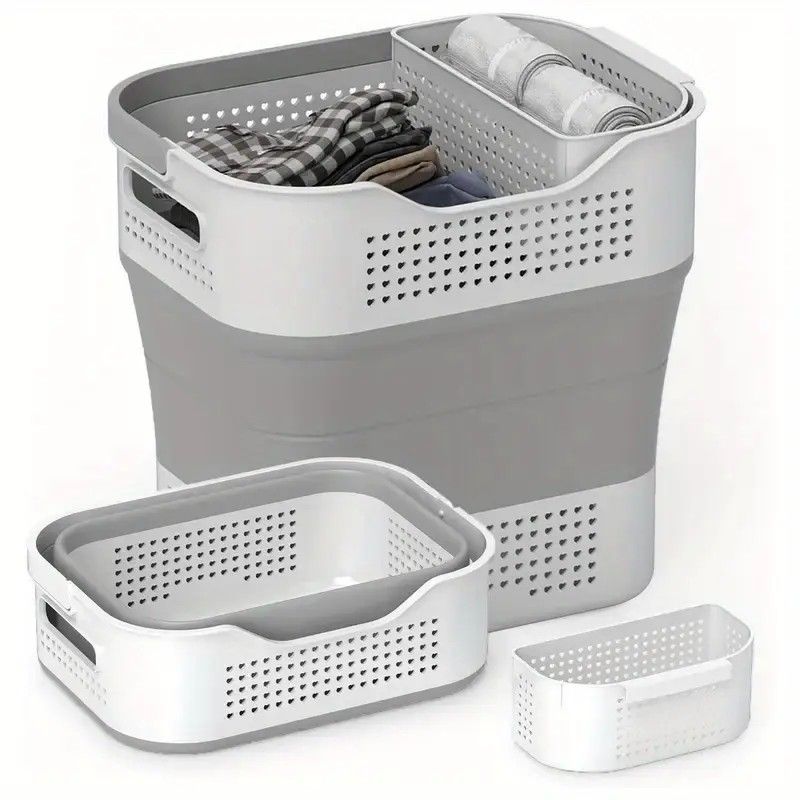 Multi-functional Folding Laundry Basket: Hassle-free Storage, One Basket for All Your Clothes Sorting.Light grey