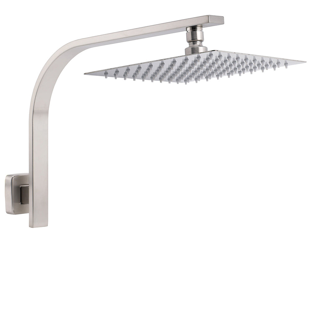 Brushed Nickel Silver Square 10" Rain Shower Head & Brass Gooseneck Wall Arm Set