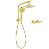 WELS Brushed Gold Round Twin 8" Shower Head Set Diverter Wall Arm Metal Handheld + Taps