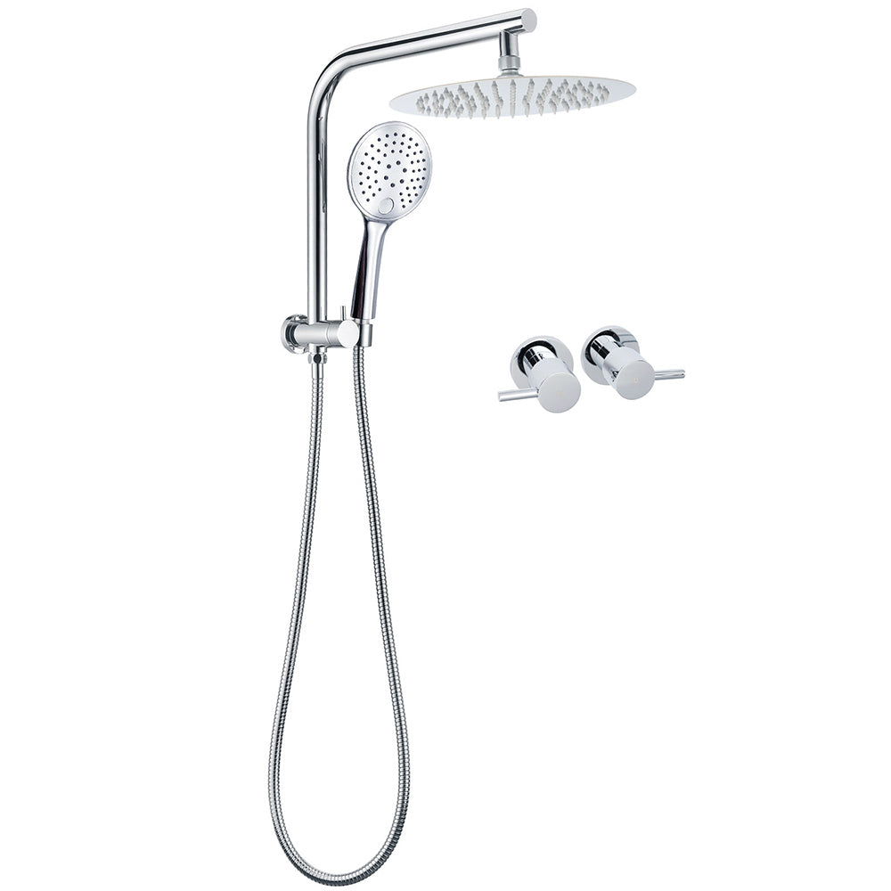 WELS Round Chrome 10" Dual Shower Head 3 Mode Handheld Gooseneck Wall Arm Twin Taps Set