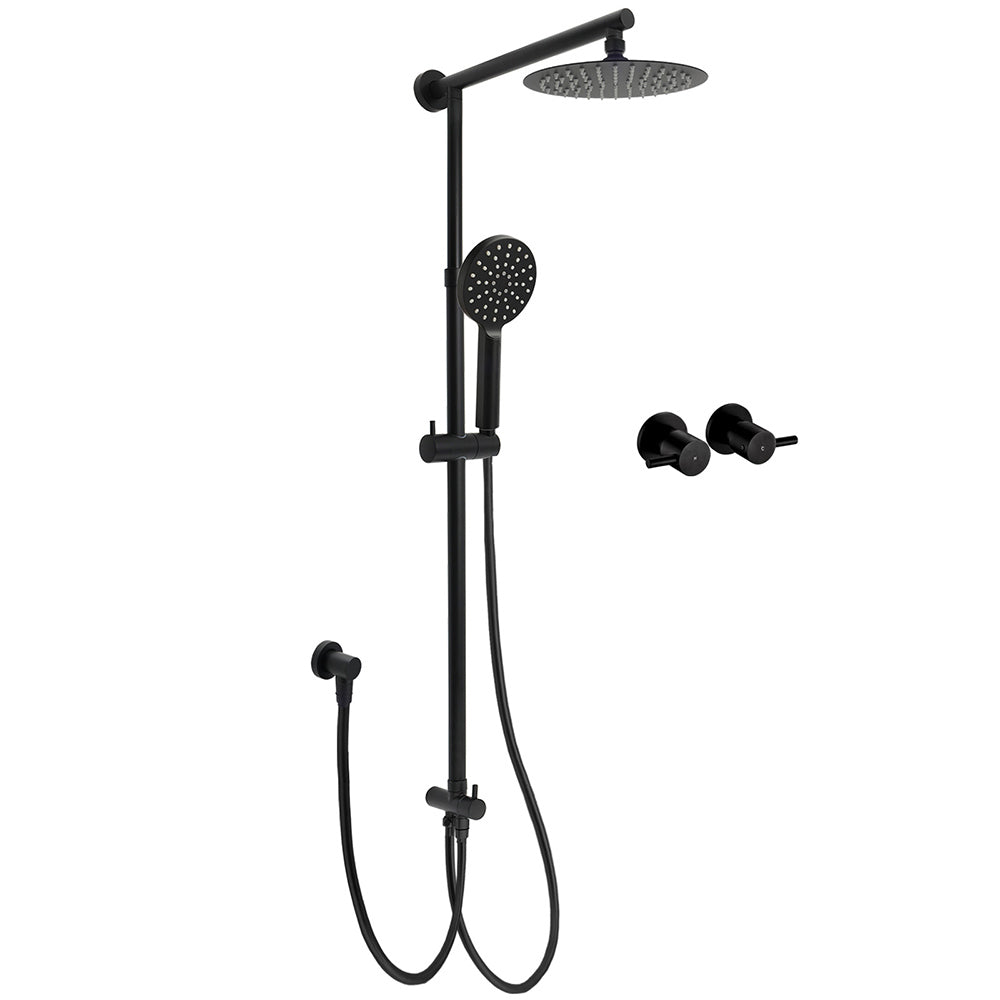 WELS Matt Black 2in1 Shower 8" Round Head Set Sliding Rail 3 Mode Handheld + Twin Taps