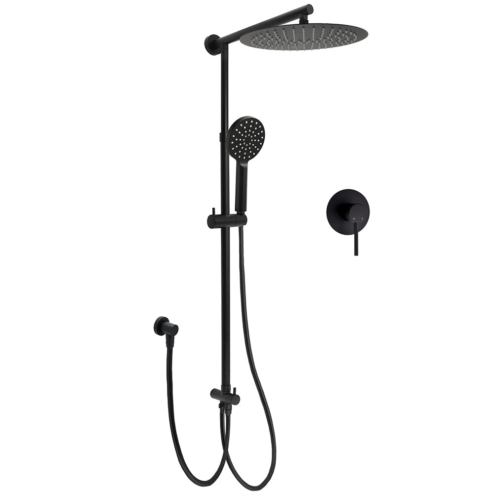 WELS Matt Black Twin Round 12" Shower Head Set Handheld Flexible Rail Wall Arm Mixer