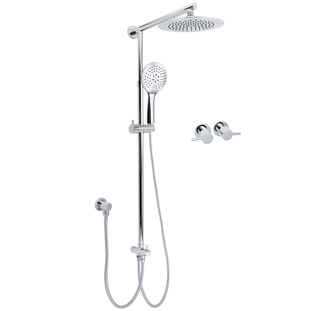WELS Chrome Round 9" Rainfall Dual Shower Head & Handheld Sliding Rail Wall Arm Twin Taps