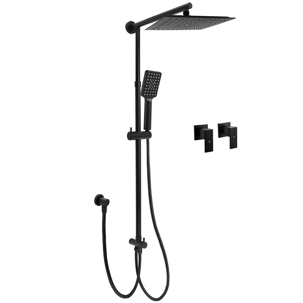 WELS Matt Black 2in1 Square 10" Rain Shower Head 3 Mode Handheld Adjustable Rail Twin Taps Set