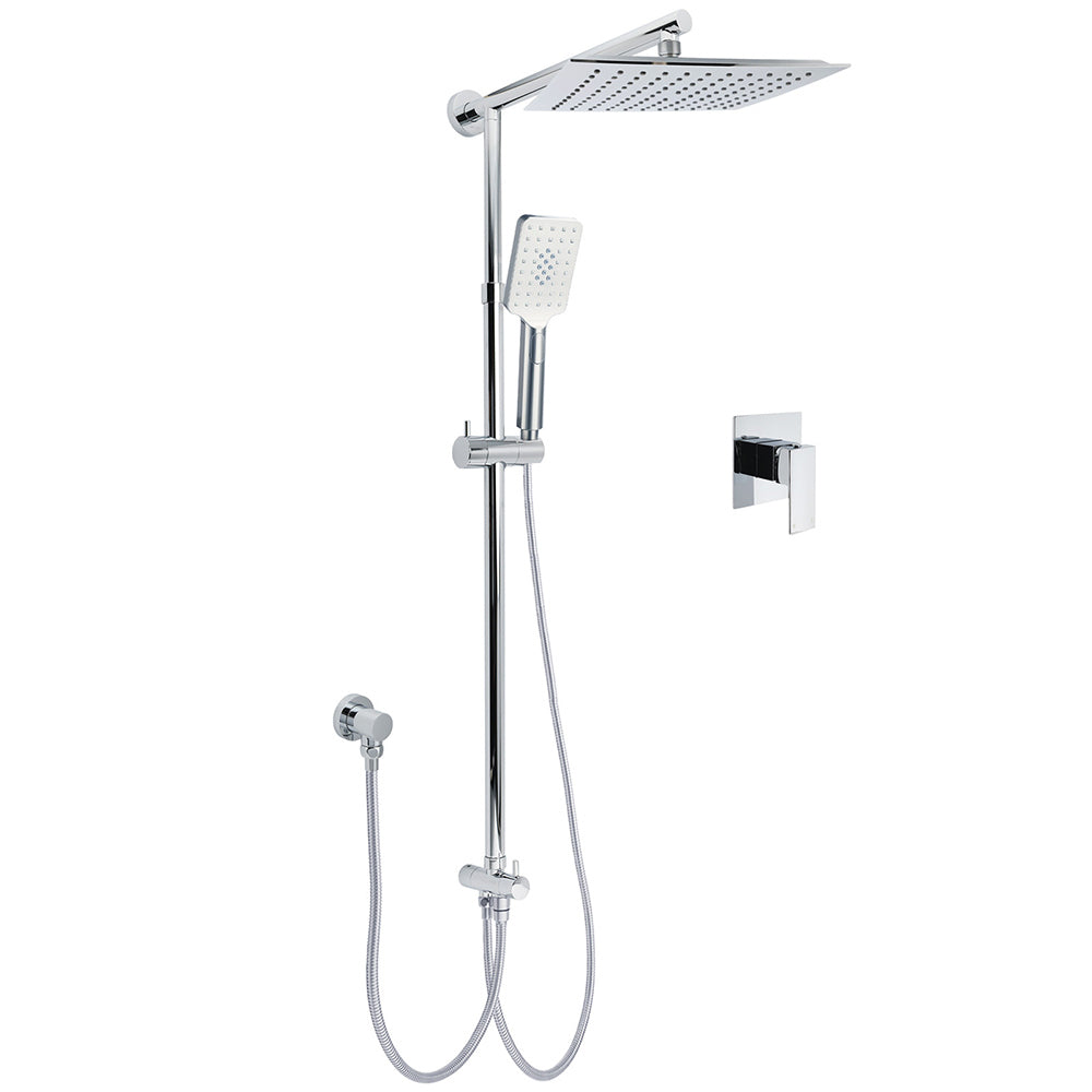 WELS Chrome Square 10" Rain Shower Head 3 Mode Handheld Sliding Rail Wall Arm With Mixer